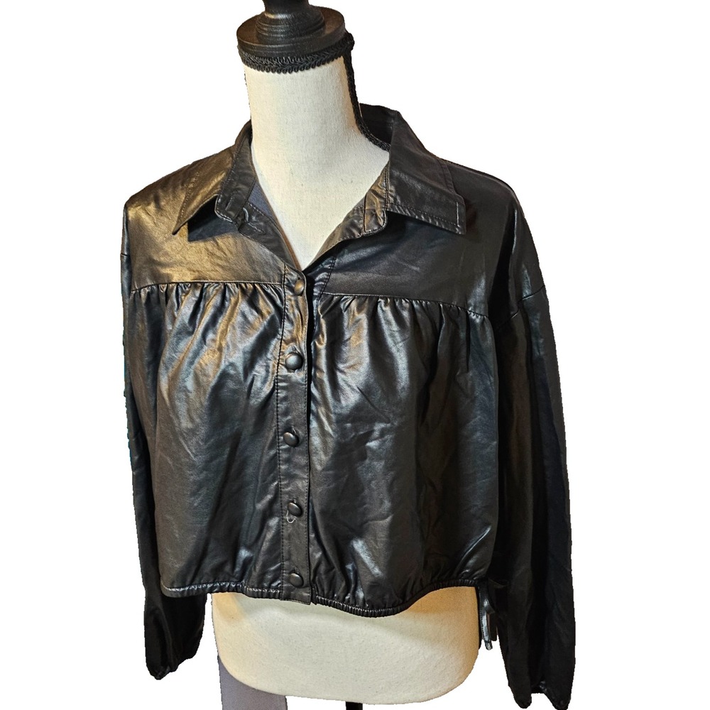 Pants Store Faux Leather Button Up Crop Top Jacket Black Women SZ M Tie Sides